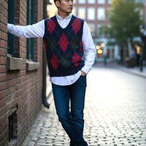 Stone Haven Argyle Sweater Vest Navy Red Spring Y2K Streetwear Preppy V-Neck L
